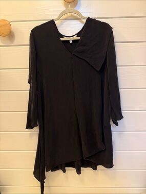 Morgane Le Fay Silk Black Long-Sleeve Asymmetric Tunic Dress With Elbow Cutout
